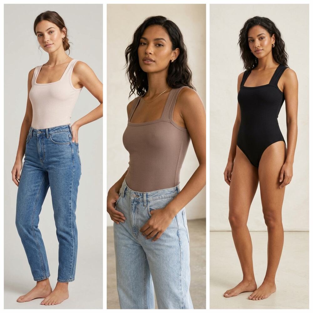 Bundle of 3 Ribbed Square-Neck
Bodysuits (Nude, Mocha & Black) - Size XXL